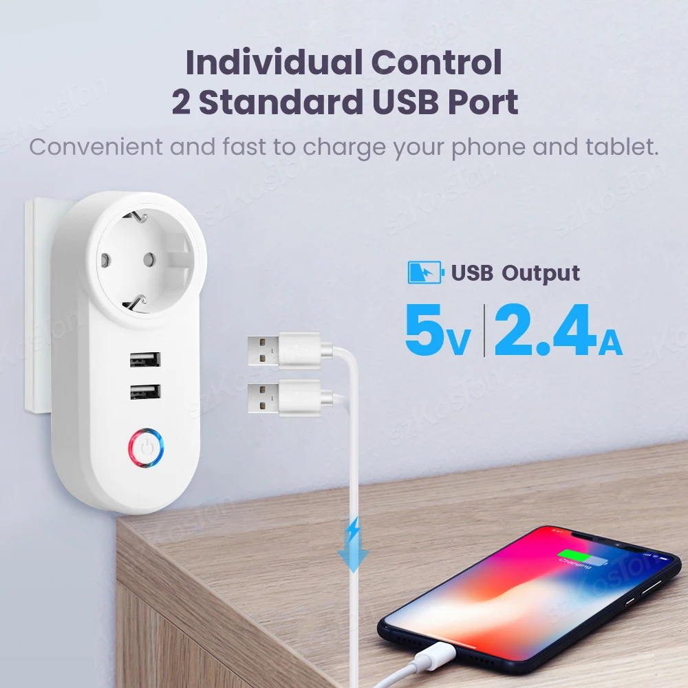 Tuya Smart Life Wifi Smart Plug with 2 USB Socket EU Power Outlet Phone Charger Timer Voice Control for Alexa Google Home