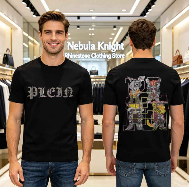 Bling Crystal Rhinestone Men Casual T-Shirt Pure Cotton Breathable Round Neck Short Sleeve Summer Tees