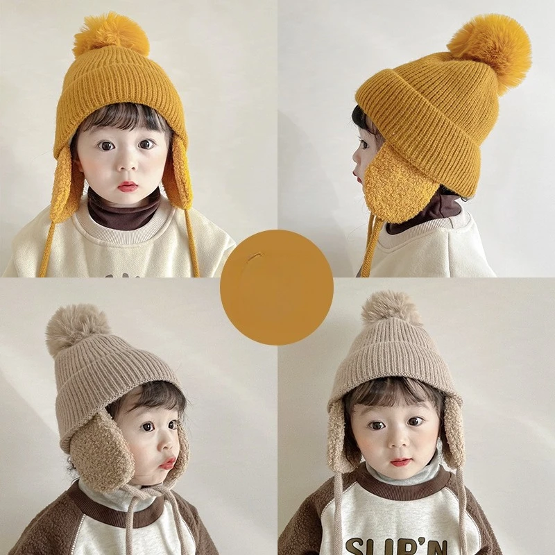 

2025 Winter Kids Hat with Ear Flaps Warm Fleece Lined Knit Beanie for Babies Toddlers Windproof Acrylic Cap for Boys Girls