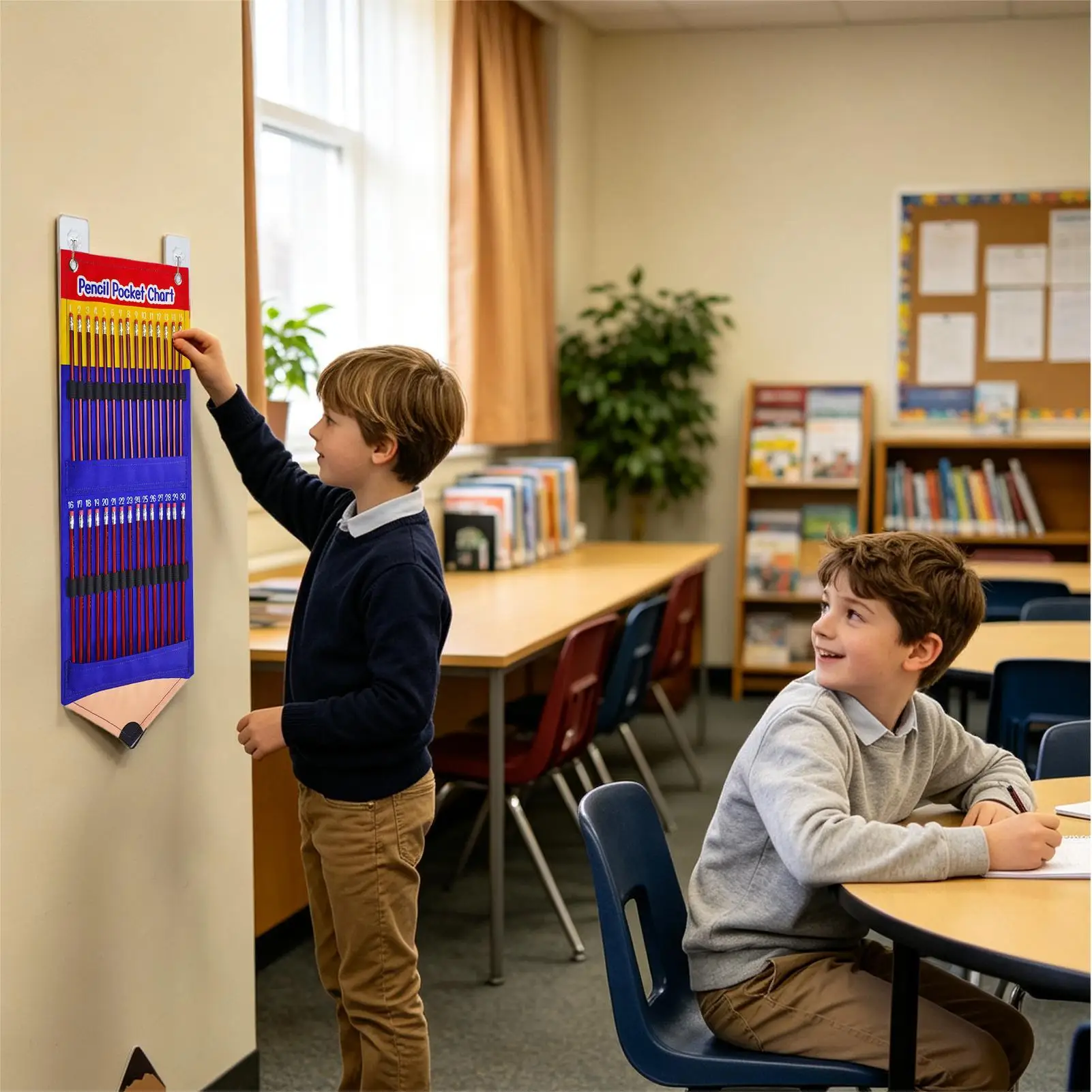 Pencil Pocket Chart 30-Slot Space Saving Elastic Strap Wall Mount Wall Pencil Holder Classroom Decor For Home Office Preschool
