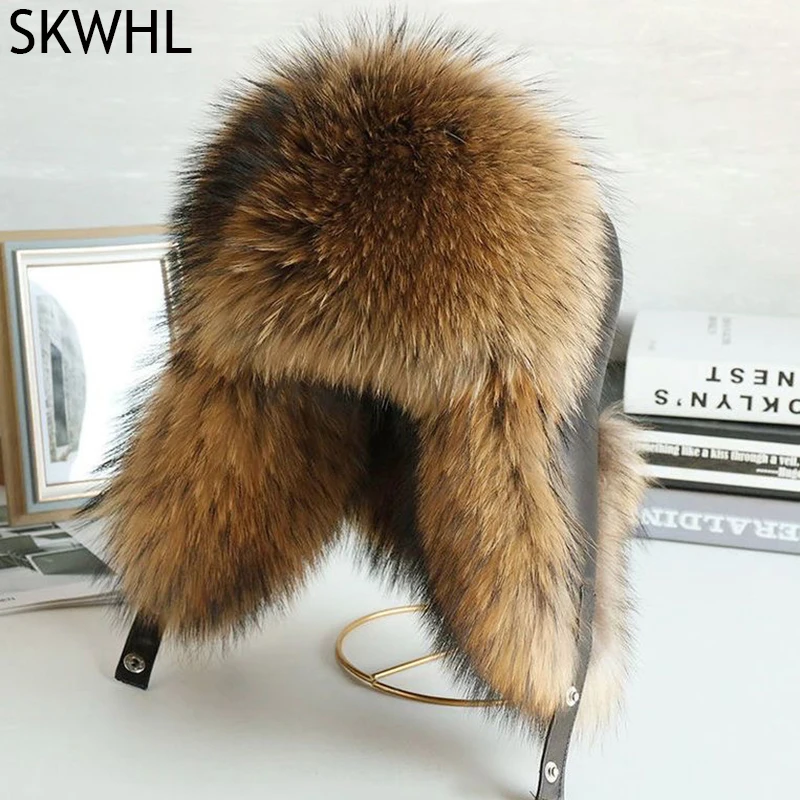 Natural Raccoon Fur Hat Women Black Fox Fur Russian Ushanka Hats Winter Warm Ears Bomber Cap