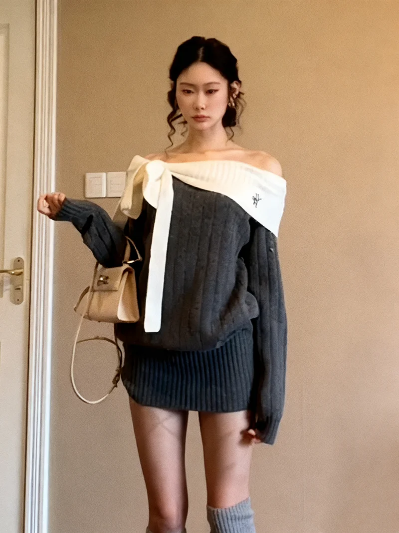 Stunning One-oulder Knitted Dr Women's Autumn Winter Faion Bow-Tied Long Sve Loose Soft Top  Knot Belted D...