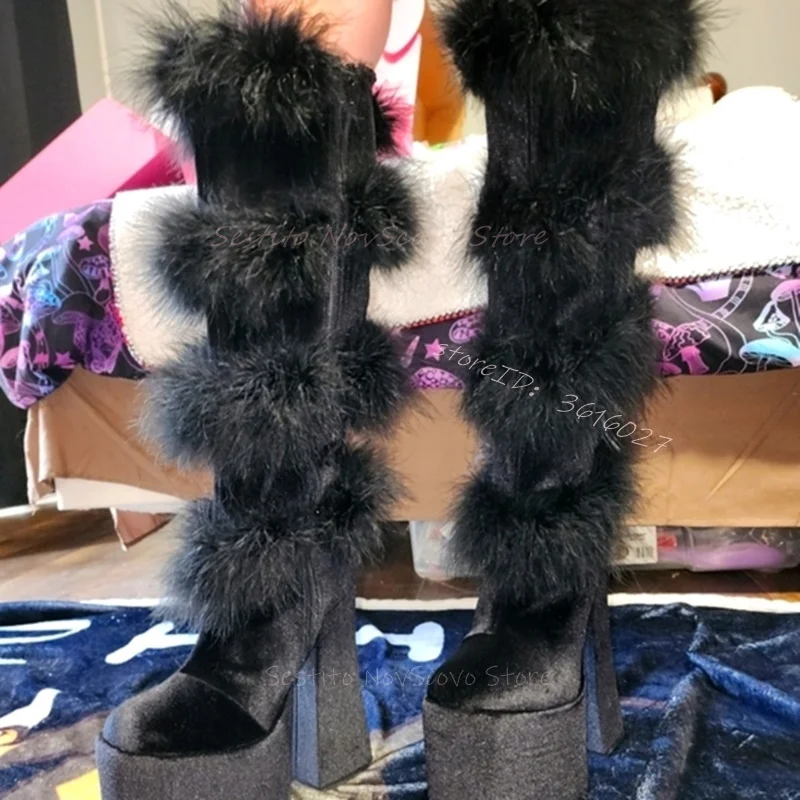 Sweet Platform Suede Knee High Boots Wrap Furry Size Zip Winter Cool Girl Dress Party Sexy Ladies Long Boots Punk Casual Shoes