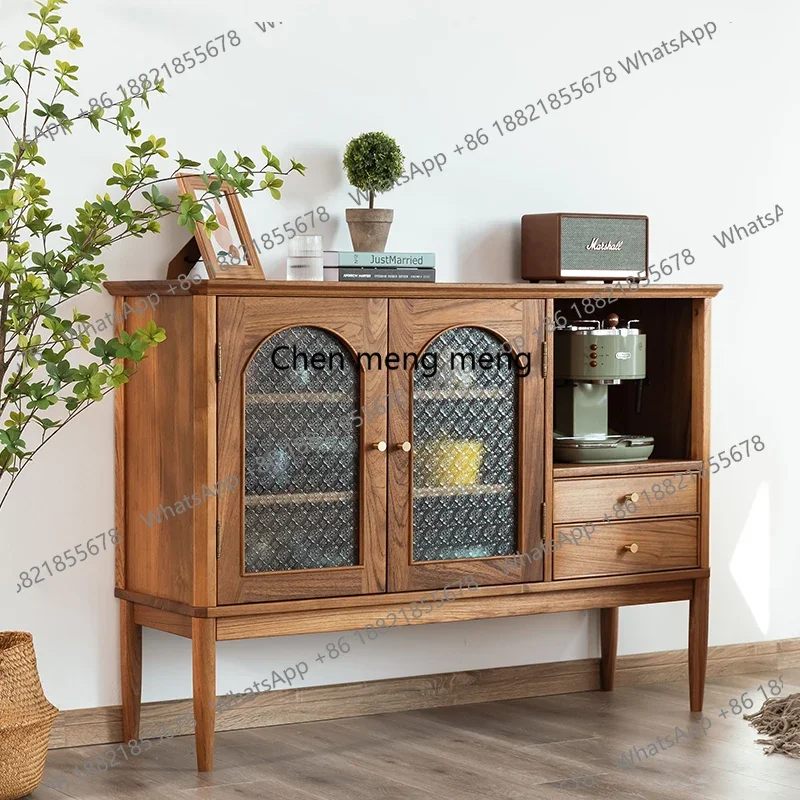 Nordic medieval retro dining side cabinet, storage cabinet, all solid wood glass arched storage tea cabinet