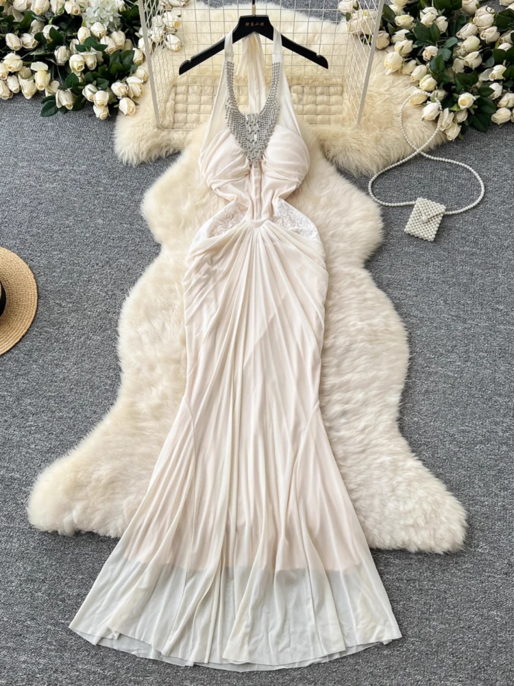 

Women Elegant Evening Party Dress Summer Nail Bead Hanging Neck Bodycon Dresses Ladies Pleated Backless Sexy Long Robe Vestidos