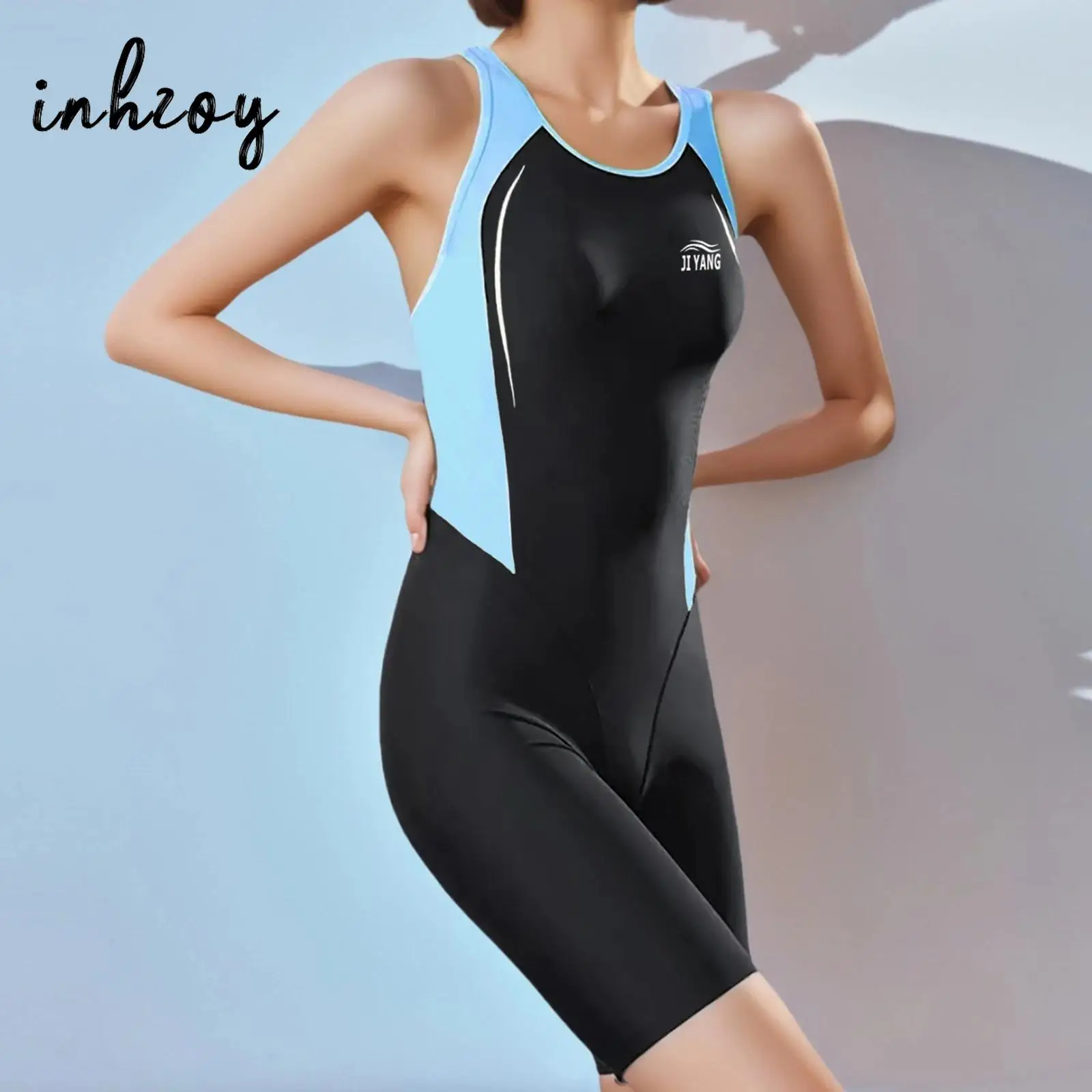 Women One Piece Athletic Swimsuit Round Neck Sleeveless Backless Shorty Swimwear Color Block Diving Wetsuit Surfing Bathing Suit