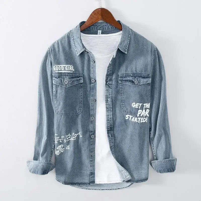

Fall Japanese Vintage Men Denim Shirt Youth Streetwear Men Letters Designer Jean Shirts with Double Pockets Cotton Casual Shirts