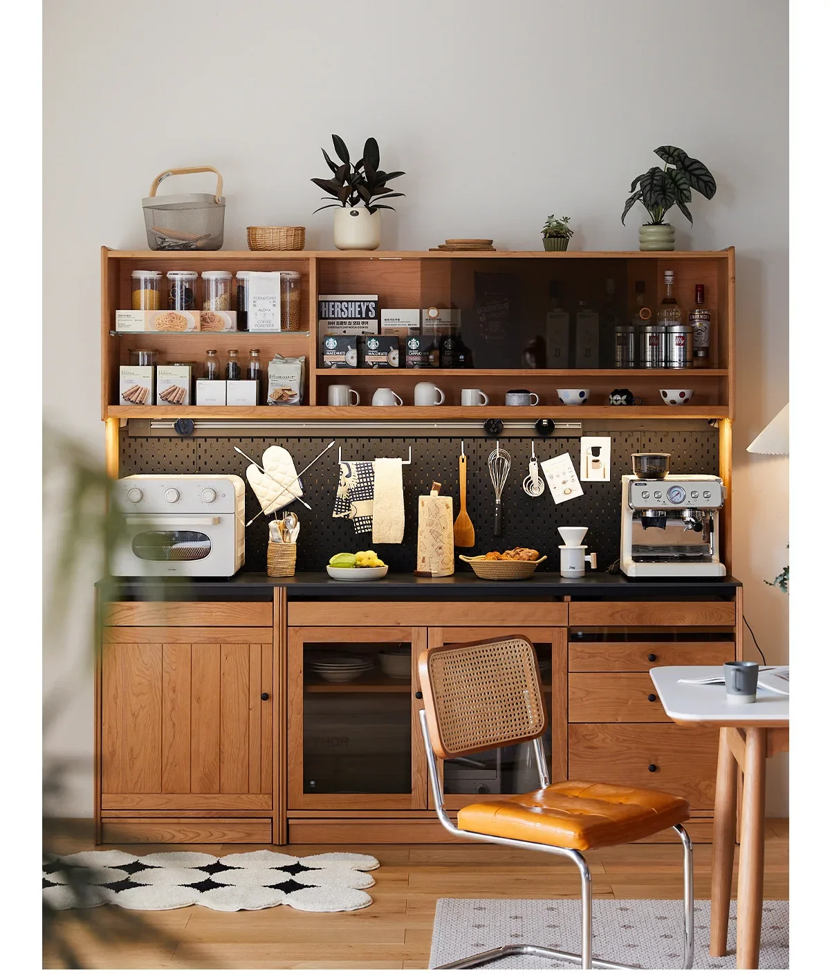 Armoire latérale de salle à manger nordique en bois massif, armoire haute en bois de cerisier japonais, dalle de roche intégrée