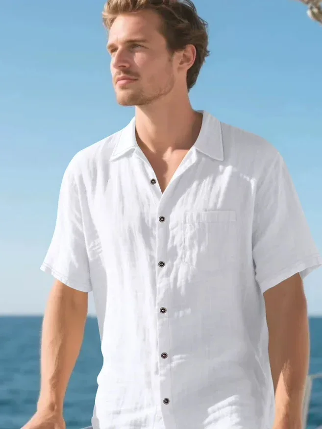 Casual Style Cotton Linen Shirt Men's Slim Fit Pocket Workwear Short Sleeve Lyocell Linen Casual Shirt Trendy Youth Summer