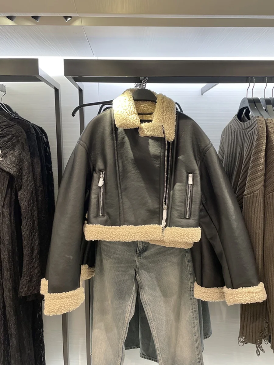 Double-Sided Leather And Fur Jaet Biker Sle Collar Women's Autumn Winter New Faion Outerwear  Collar Zipper ket