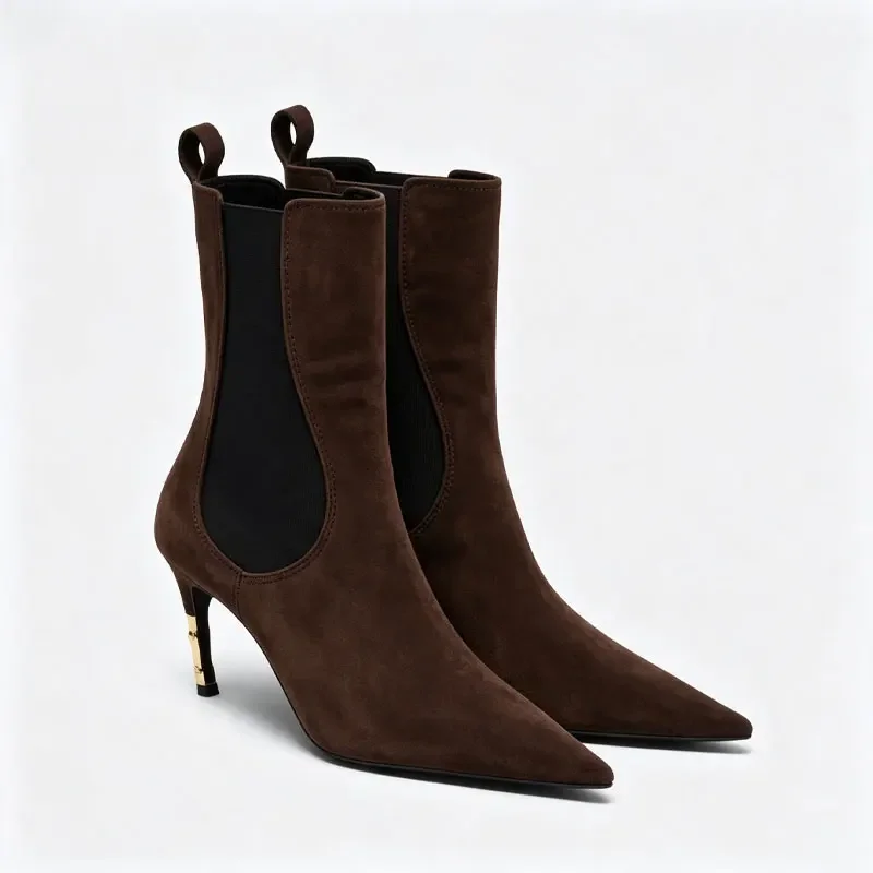 2026 New Low Heel Knee High Boots with Pointed Kitten Heels and Elastic Fabric Autumn and Winter Fashionable Mid Length Boots