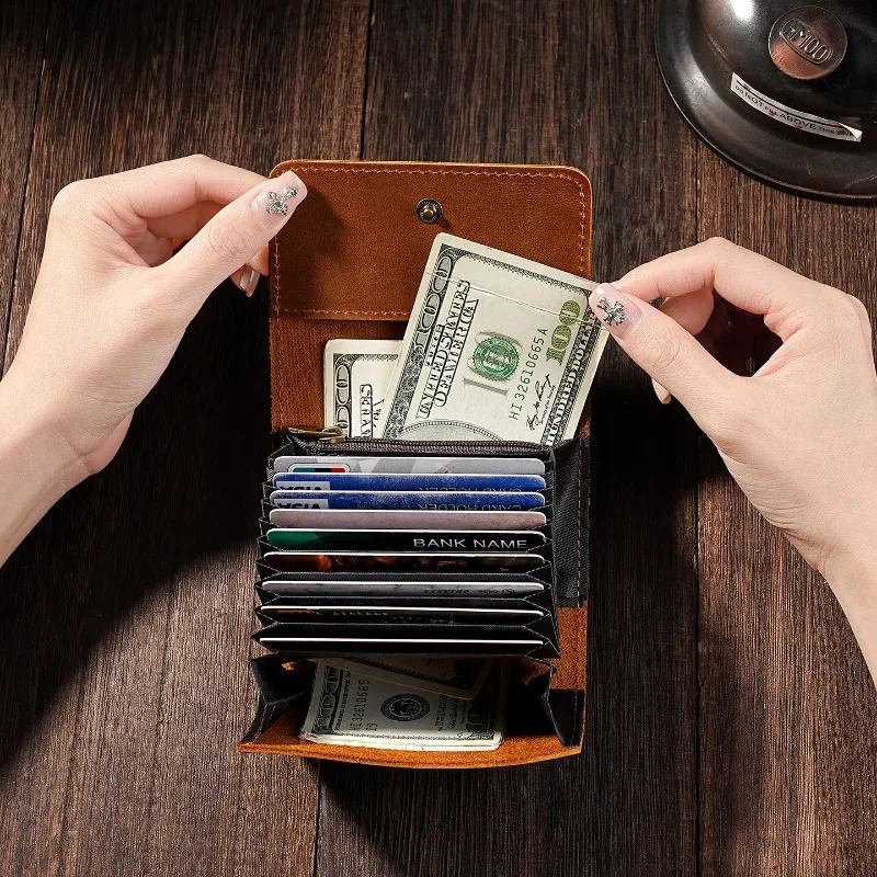 

Genuine Horse Leather Retro Card Holder, Unisex Small Wallet with Zipper Layer for Cash, Compact Card Case for Daily &Travel Use