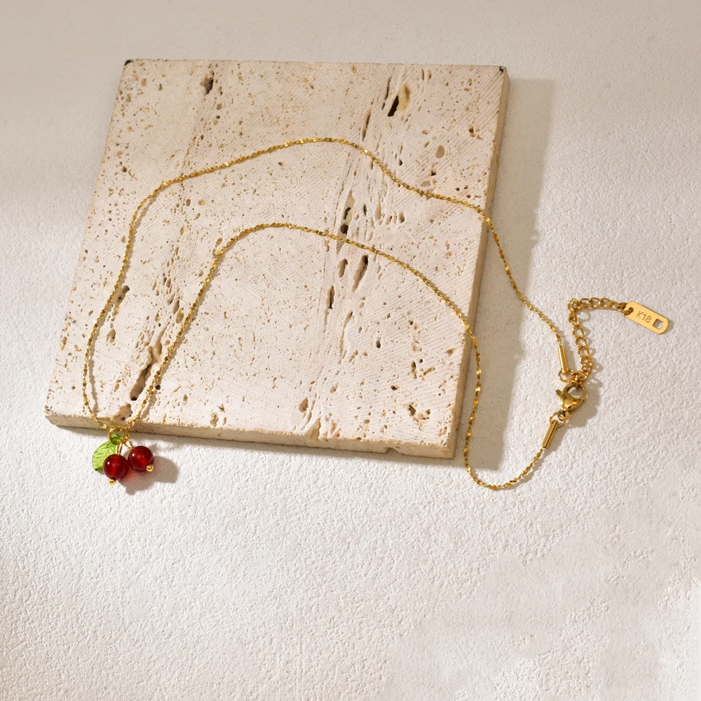 L15 Ruby Cherry Handmade Necklace Starry Sky Clavicular Chain Titanium Steel Plated 18K Gold image 2