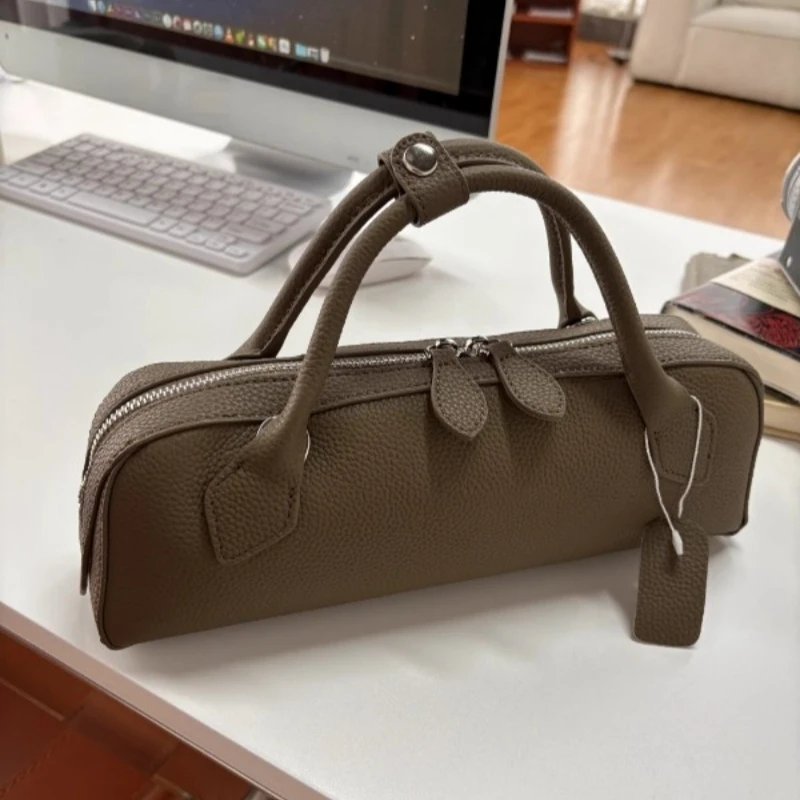 

Autumn Vintage Genuine Leather Handbag Double Zipper Design Women's Cowhide Simple Bag Commuting Versatile Single Shoulder Bag
