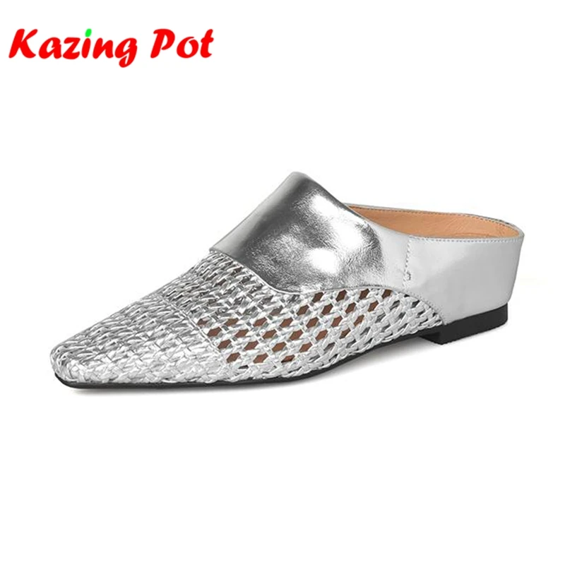 Krazing Pot Mules Cow Skin Weaving Style Silver Color Vintage Square Toe Low Heels Spring Autumn Shoes Slip On Chic Women Pumps