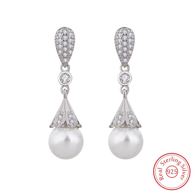 

Original Jewelry Woman's 925 Sterling Silver Crystal Pearl Stud Earrings Fashion FQL25146