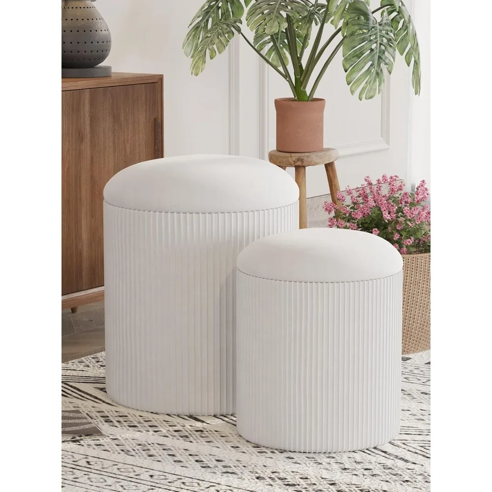 

Round Storage Ottoman Set of 2 for Bedroom Living Room Dorm, Multifunctional Beige Velvet Ottoman Foot Rest Stool Coffe