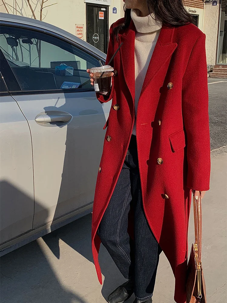 2023 New Year Red Hand Sewn Double Sided Wool Coat Women's Classic Double Breasted Temperament Loose Wool Coat