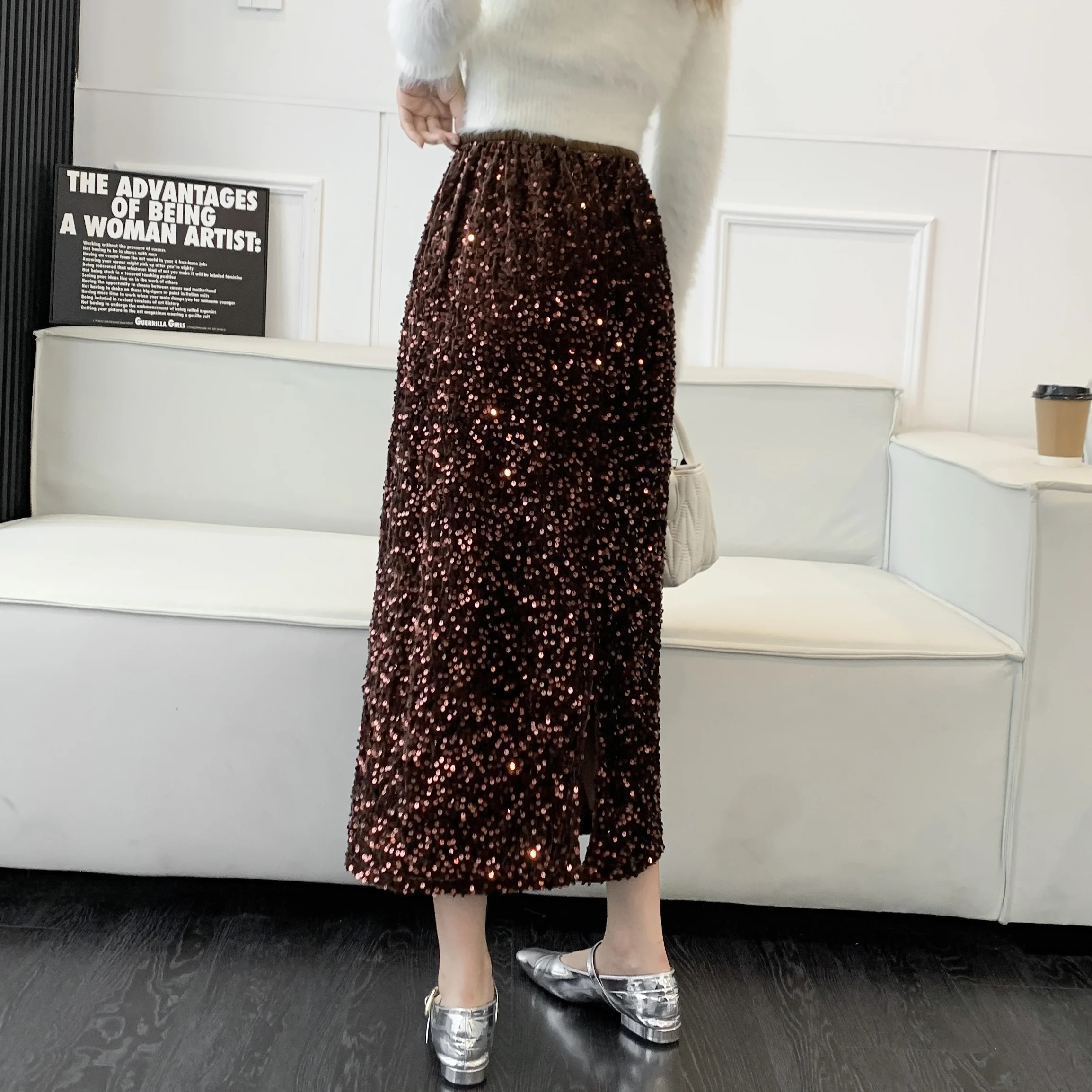 2024 New Fall Winter European Style A-line Skirt Chic Sexy Shiny Sequins Women High Waist Elastic Blingbling Midiskirts 311193