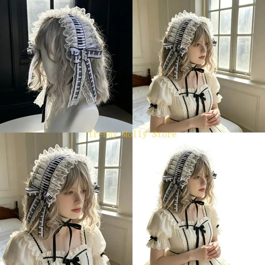 

N5KB Lolitas Headbands Soft Durability Lolitas Lace Bows Hair Band With Music Notes