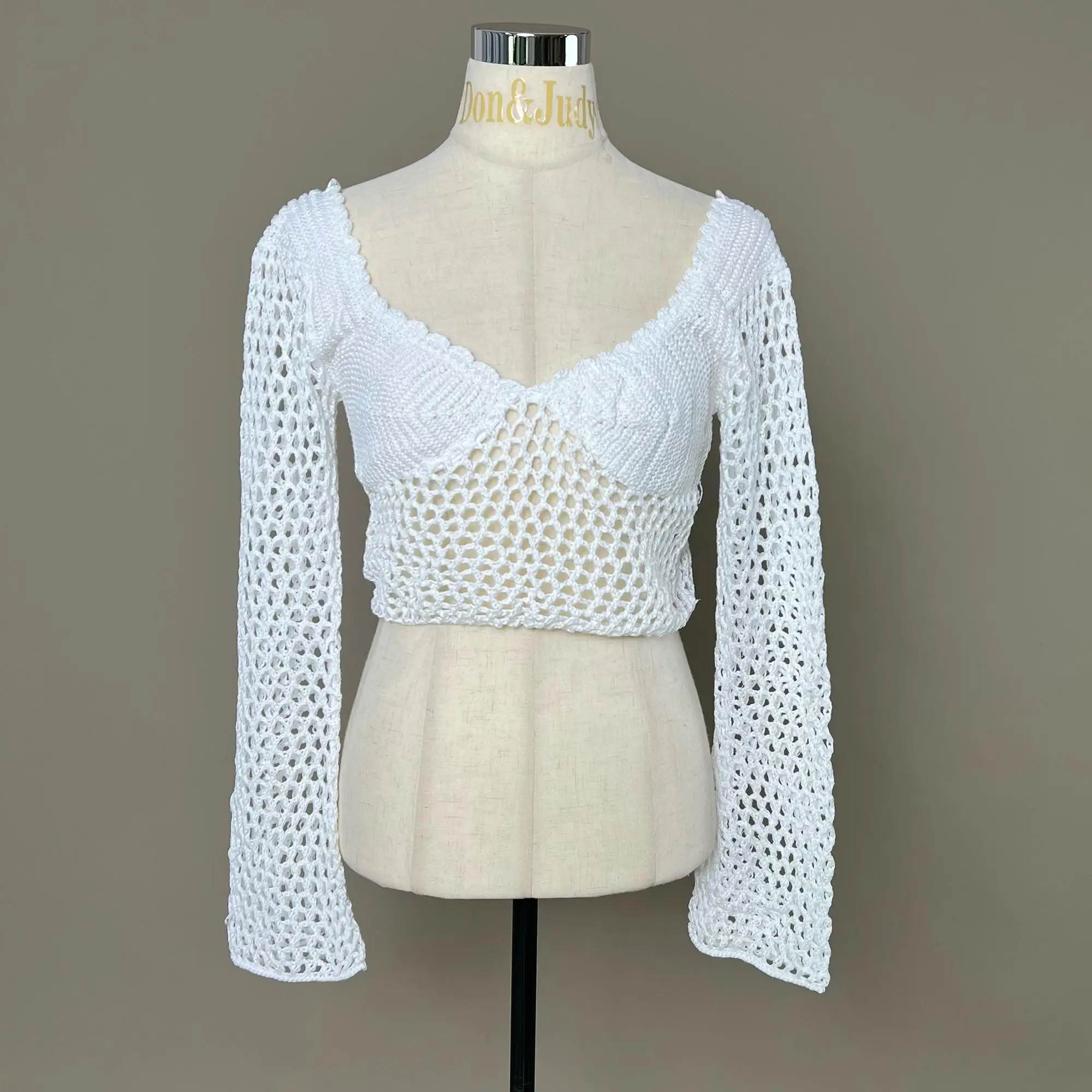 

Don&Judy Woman Knitted Tops For Baby Shower Hollow-Out Long Sleeve Cropped Top Woman Clothing For Photography