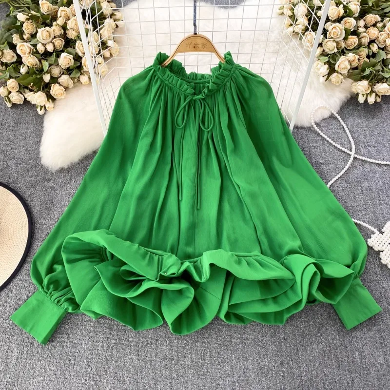 Neploe 2024 Spring Autumn O-neck Ruffles Blouses Korean Sweet Chiffon Shirts Women Y2k Lantern Sleeve Loose Blusas Mujer