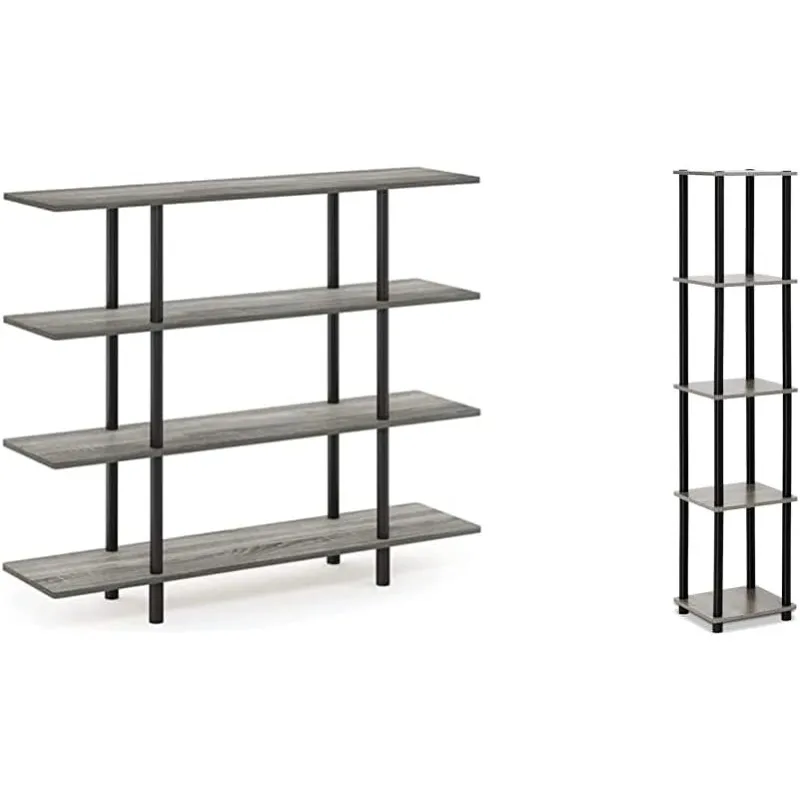 

POPULAR 4-Tier Shelf and 5-Tier Corner Rack Display Shelves Storage Bundle, French Oak Grey/Black