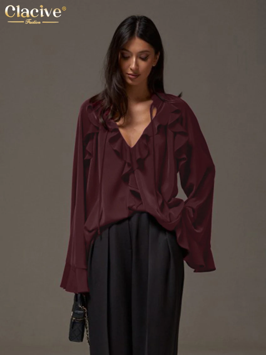 

Clacive Sexy Loose Wine Red Women's Shirt 2026 Spring V-Neck Long Sleeve Blouse Elegant Classic Ruffles Solid Top Female Clothin