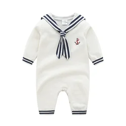 Fashion Baby Boys Sailor Rompers Autumn White Long Sleeve Newborn Infant Cotton Knitted Jumpsuits Outfits Winter Toddler Clothes