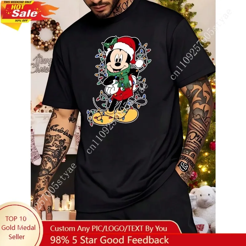 

Merry Christmas Mickey Mouse Printed Men's T-shirts Daily Casual Short Sleeve T-Shirt Family Matching Outfits Men's Clothing Tee