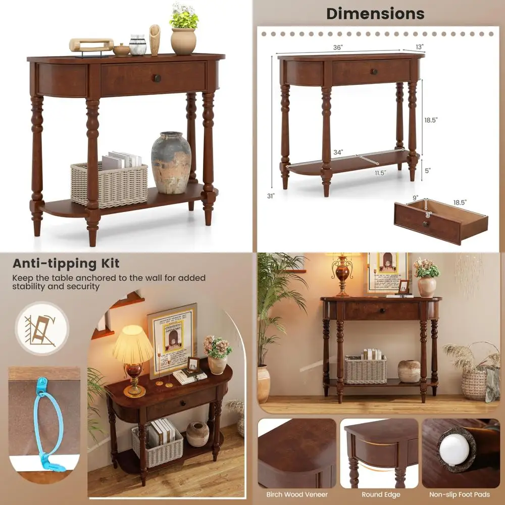 طاولة وحدة تحكم للمدخل من طبقتين مع درج تخزين، و36 طاولة أريكة خشبية ضيقة تتميز بأرجل أنيقة وتصميم رف مفتوح