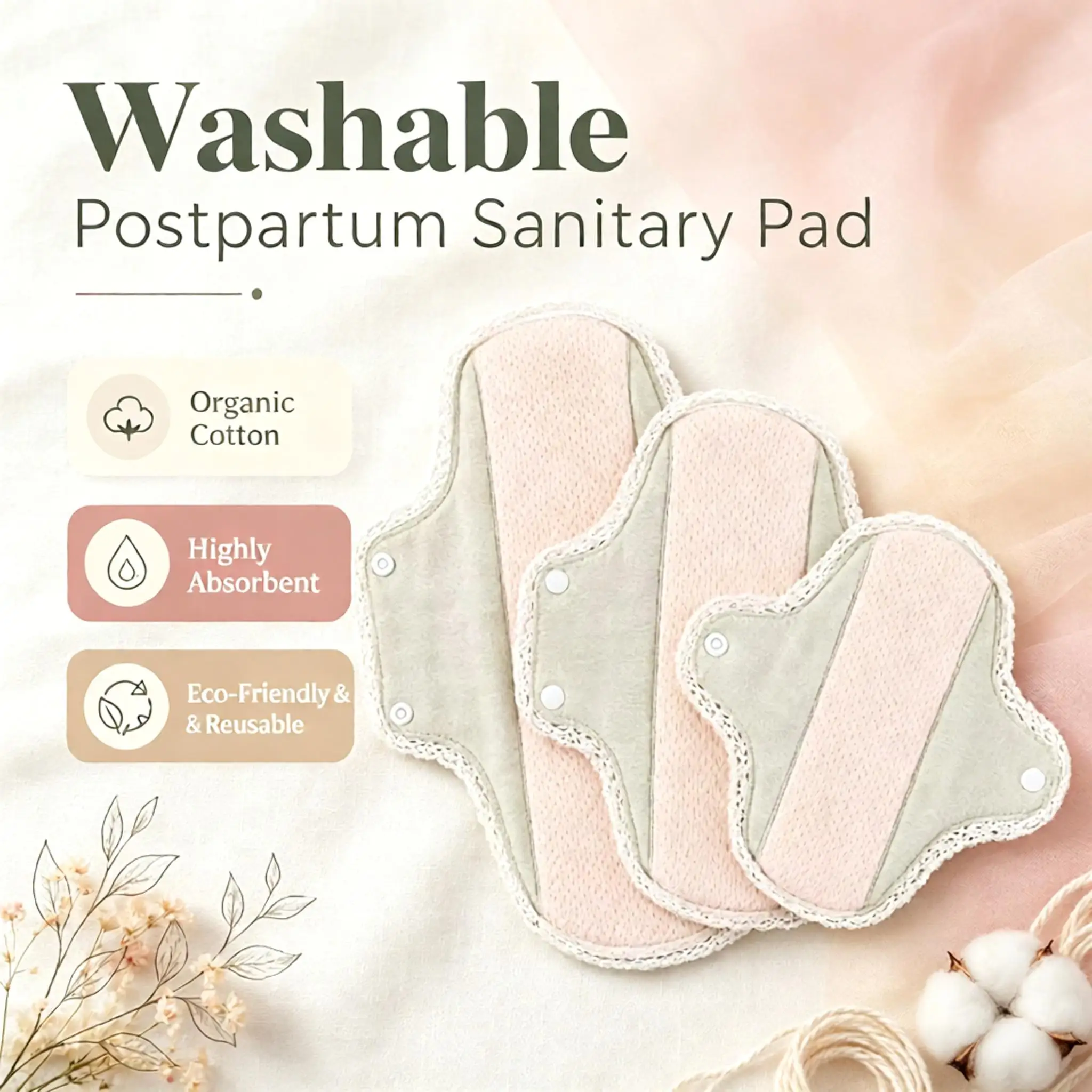 5Pcs Set Washable Reusable Cotton Sanitary Pads for Women Postpartum Leakproof Absorbent Soft Skin Friendly Eco-Friendly