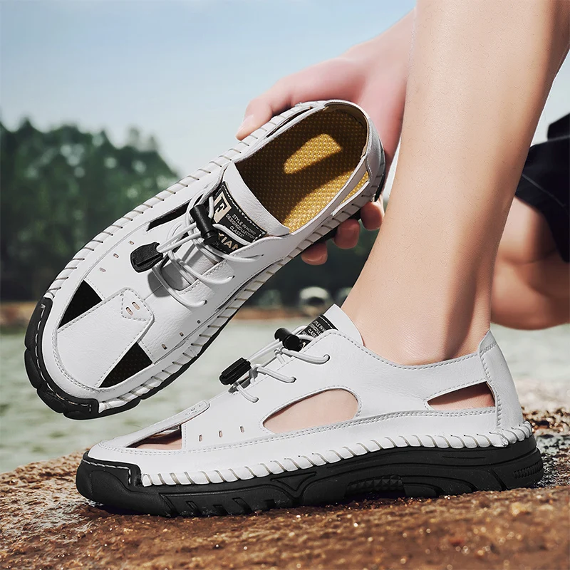 Summer Classic White Outdoor Hiking Sandals Handmade Stitching Beach Men's Shoes Mens Comfortable Hollow Breathable Casual Shoes