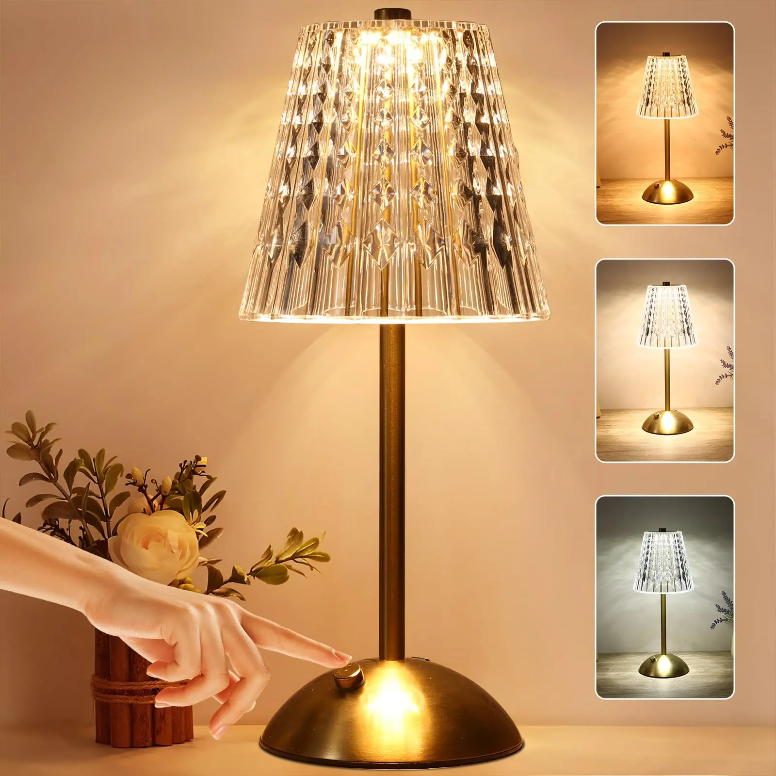 

Rechargeable Table Lamp Touch Dimmable 3 Colors Artificial Crystal Lamp Portable Night Light for Bedroom Living Room Restaurant