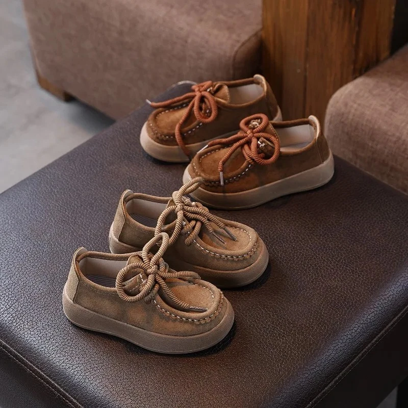 Children Flat Shoes Retro Soft Sole Kids Leather Shoes Round Toes 2026 New Fashion Boys Girls Casual Shoes Classic British Style