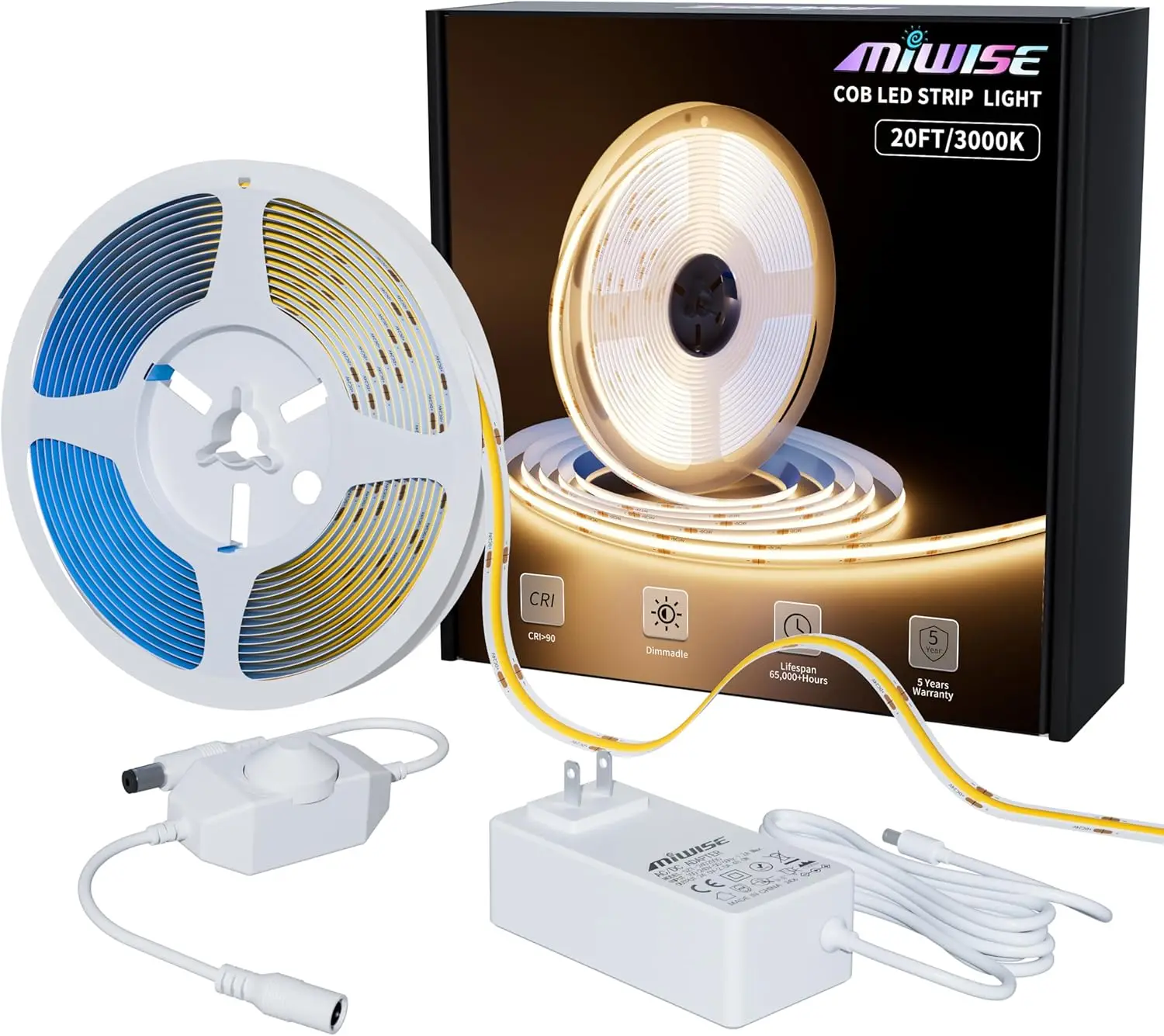 

Светодиодная лента COB 20 футов, теплый белый 3000 К, CRI 90+, гибкая лента с регулируемой яркостью 24 В и контроллером