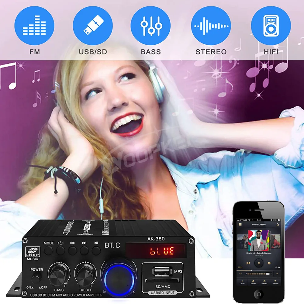 Woopker Sound Amplifier Channel 2.0 HIFI Bluetooth Amp Home Digital Audio 12V3A AK380 AK370 AK280 AK270 AK170 for Car Bass Trebl
