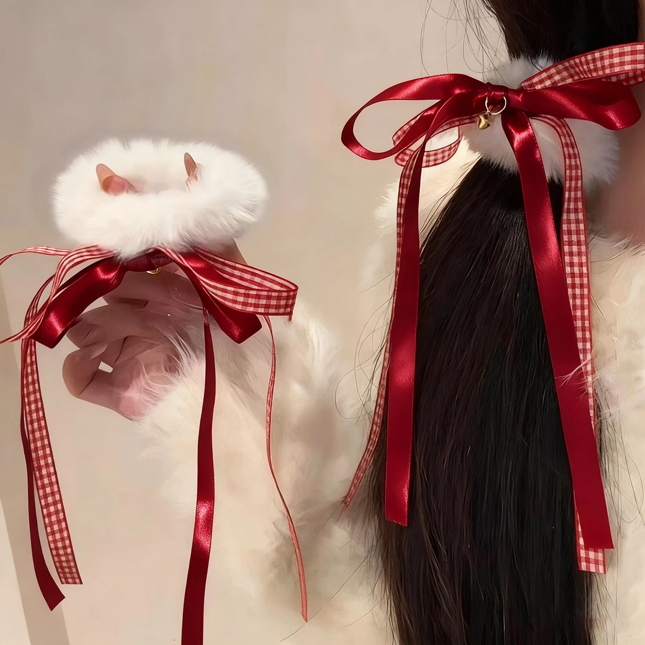 

Christmas Bell Plush Hair Rope Xmas Headwear Long Ribbon Bow Rubber Bands Red Girl Ponytail Headflower New Year Hair Accessories