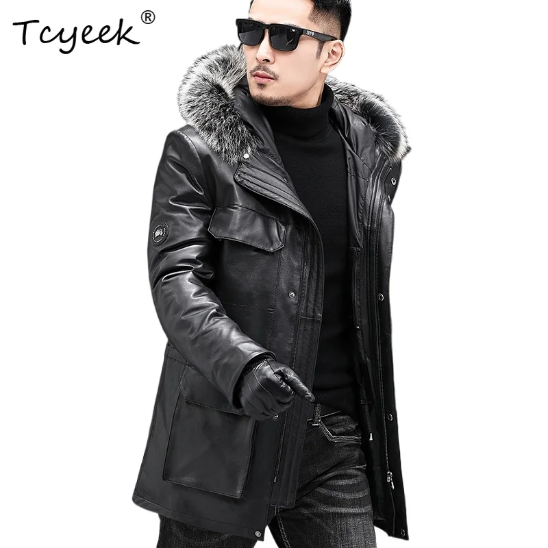 

Tcyeek Верхний слой из коровьей кожи на белом утином пуху Осень-зима Высококачественная длинная мужская куртка из натуральной кожи с капюшоном Куртка Кожаная Мужская