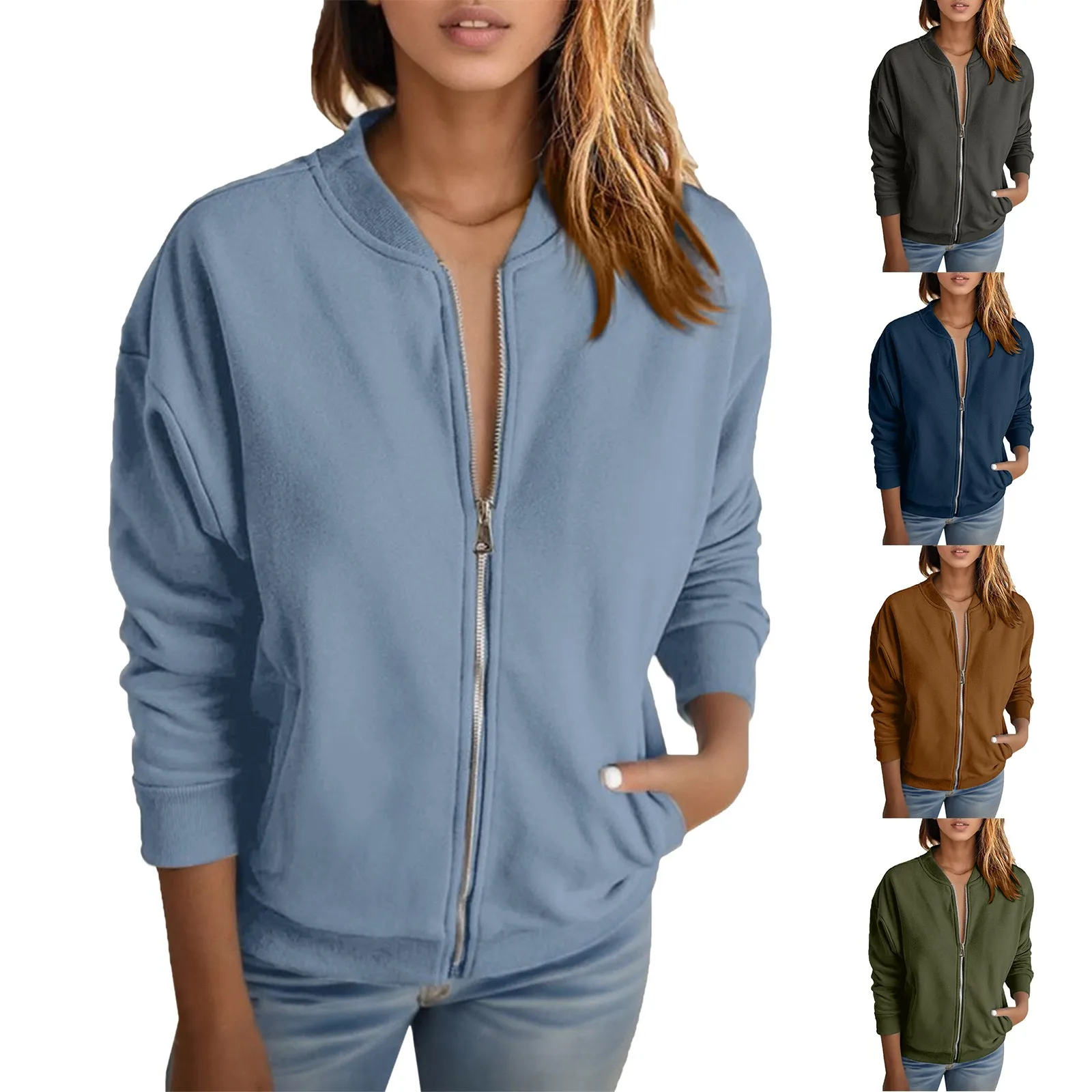 Womens Zip Up Sweatshirts Jackets Long Sleeve Casual Loose Outerwears With Pockets Lightweight Casual Jacket куртка женская