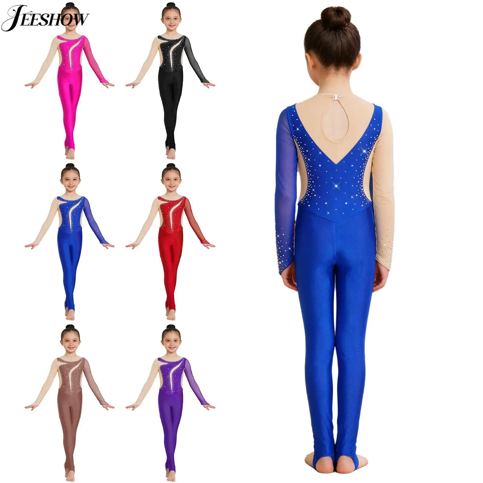 Girls Contrast Color Gymnastics Unitard Figure Skating Performance Costume Rhinestone Long Sleeve Leotard for Training Practice