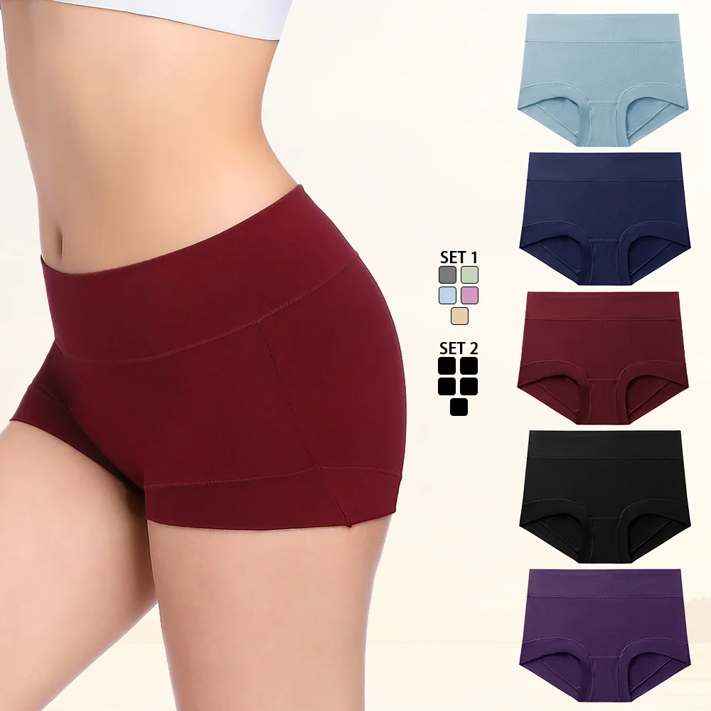 Women Cotton Boy Shorts Seamless Comfortable Ladies High Waist Panties Full Coverage Stretch Underwear 5pc/Set Plus Size