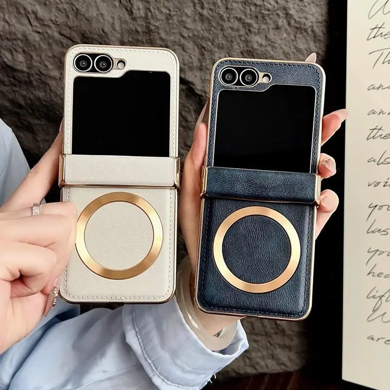 Retro Leather Magnetic Charging Case For Samsung Galaxy Z Flip 7 Flip6 Flip 5 Flip 4 3 High-end Gold Plating Bumper Hinge Cover
