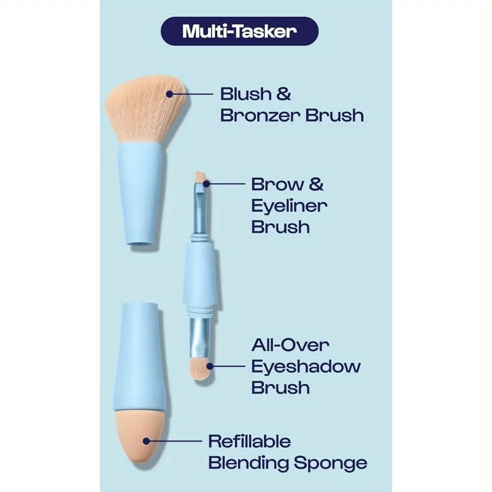 Multi-functional 4-in-1 Makeup Brush - Multi-functional Blend Puff, Eyeshadow Brush, Eyebrow and Eyeliner Brush, Blush Brush