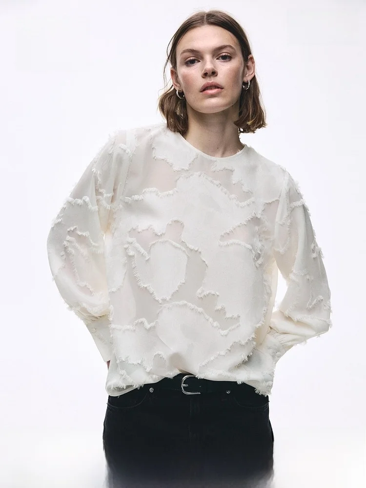 

H&M Women's Fashionable Embroidered Spring Summer Shirt Trendy Woven Top Romantic Complex Style Casual Fit Long Sleeve round ...