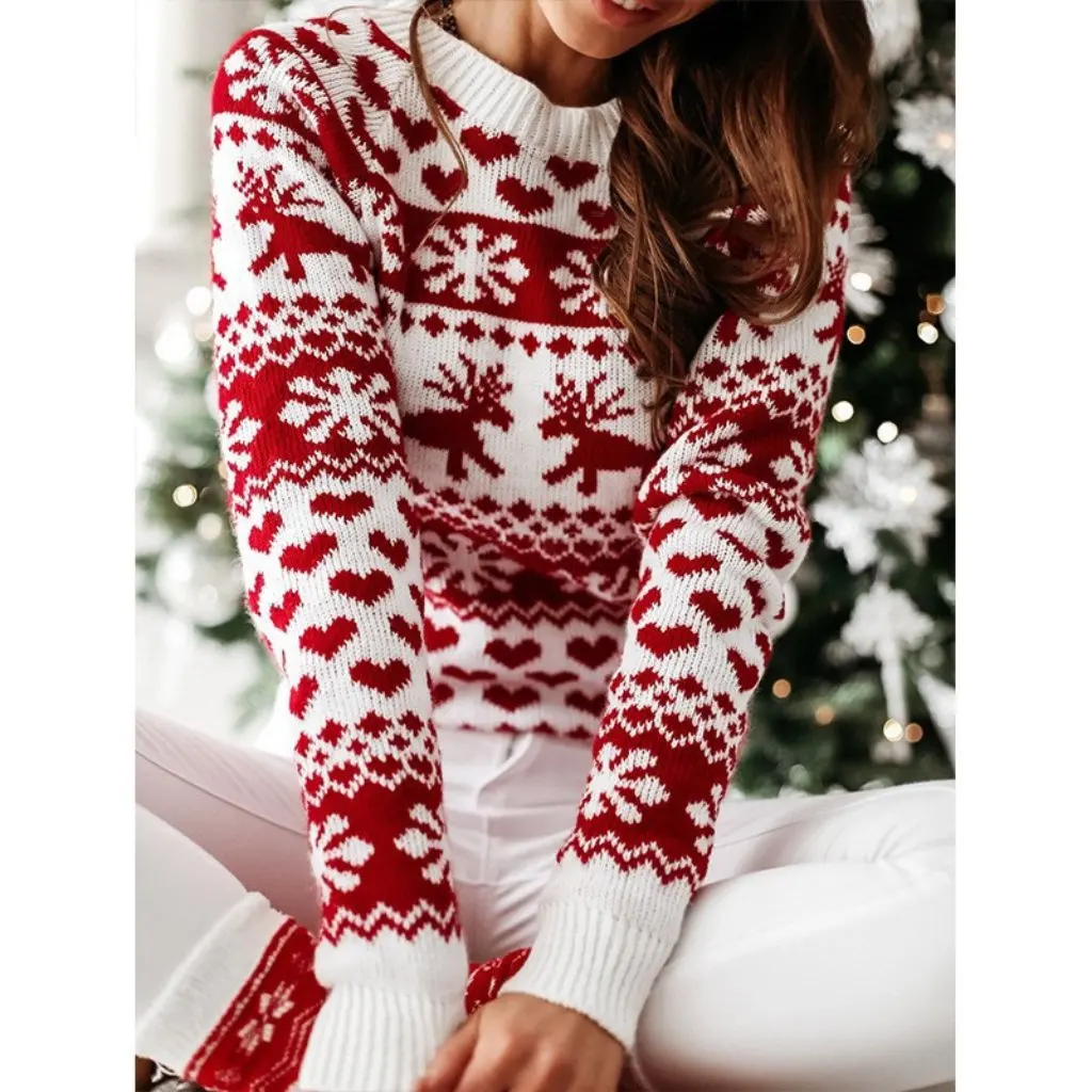 

Women's Long-Sleeved Knitted Sweater Autumn Winter European American Style Christmas Snowflake Design Winter Warm Cardigan