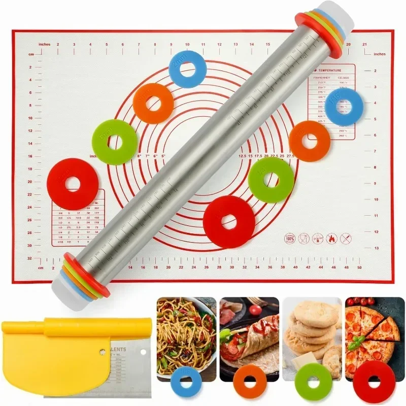 

Rolling Pin and Silicone Baking Pastry Mat Set,Stainless Steel Dough Roller with Adjustable Thickness Rings,for Homemade Baking