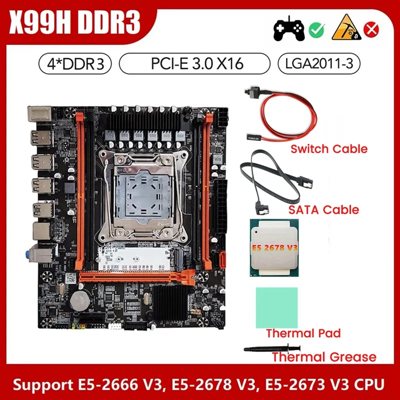 

X99H Desktop Motherboard+E5 2678 V3 CPU+Thermal Grease LGA2011-V3 B85 DDR3X4 ECC Slot M.2 NVME PCI-E 3.0 X16 Black PCB 1Set