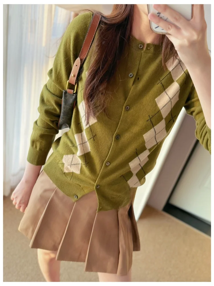 

Retro Sle Women's Knitted Woolen Cardigan Embroidered Letter Color Blo Diamond Pattern Open Front Sve Long Coat