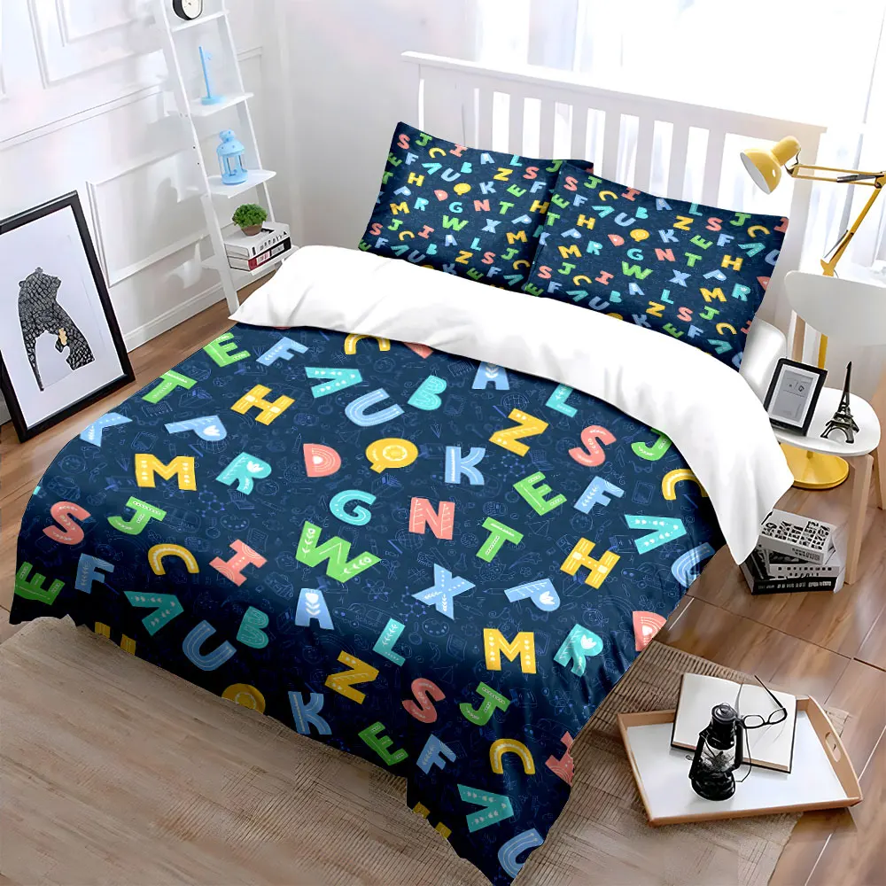 Colorful letters with educational design Printed Duvet Cover Set 1 Duvet Cover+2 Pillowcase Multi Size Bedroom Bedding Decor